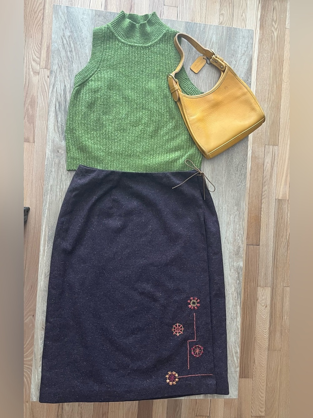 Vintage Embroidered Dark Navy Midi Skirt with Floral Accents